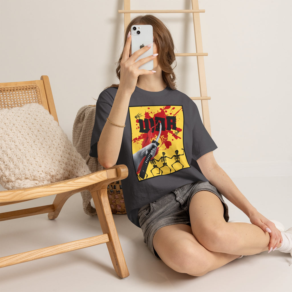 WAR T-Shirt — Retro Protest Graphic Tee ("WAR" Bottle & Skeletons)